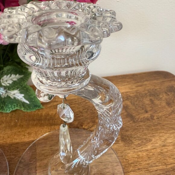 Cambridge Chantilly Martha‎ Crystal Candle Holders Pair Art Deco Etched Prisms - Picture 5 of 7